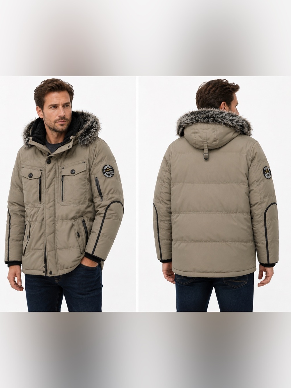 Glacier Nordic Expedition Down Parka Beige Fur Hood Winter Jacket Coat Men’s XL